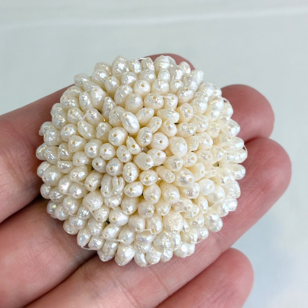 Vintage Brooch Freshwater Seed Pearl Cluster Domed Round White Silver Tone Pin